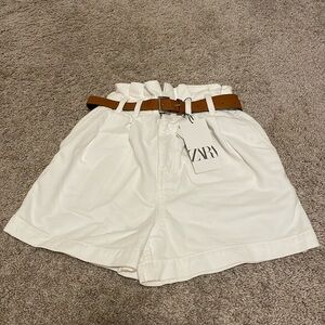 Zara Women's White Shorts with Brown Belt
